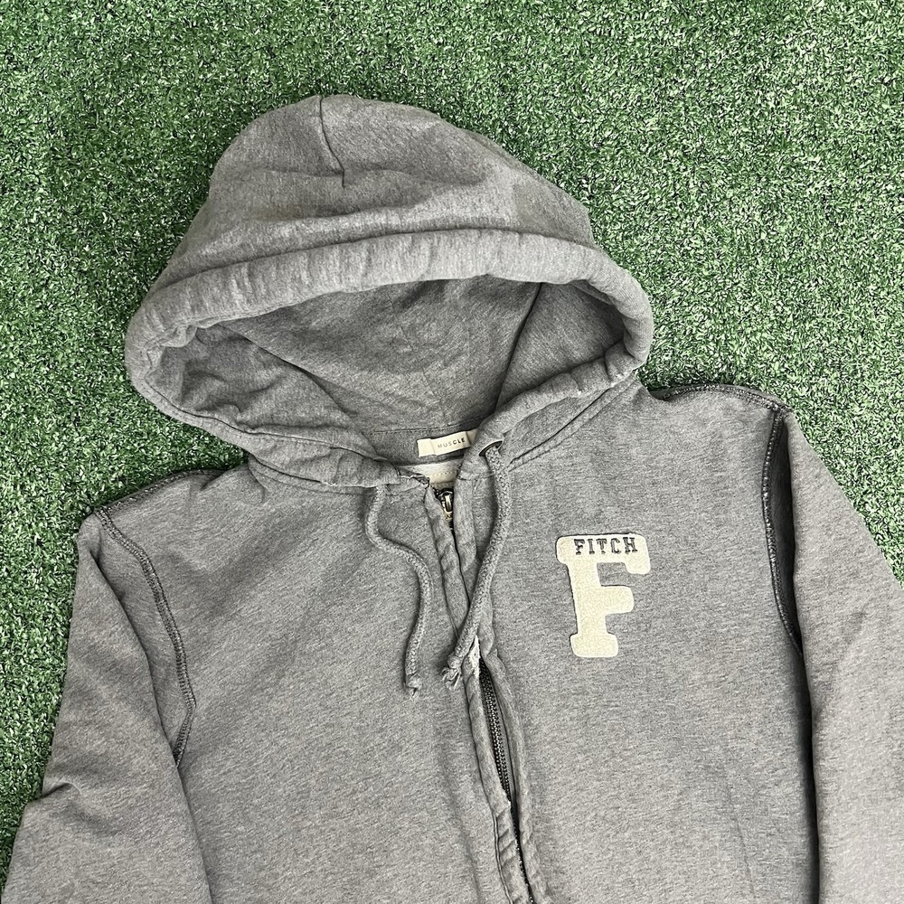 Vintage Y2K Abercrombie & Fitch Gray Muscle Fit Zip Hoodie XXL Distressed Patch